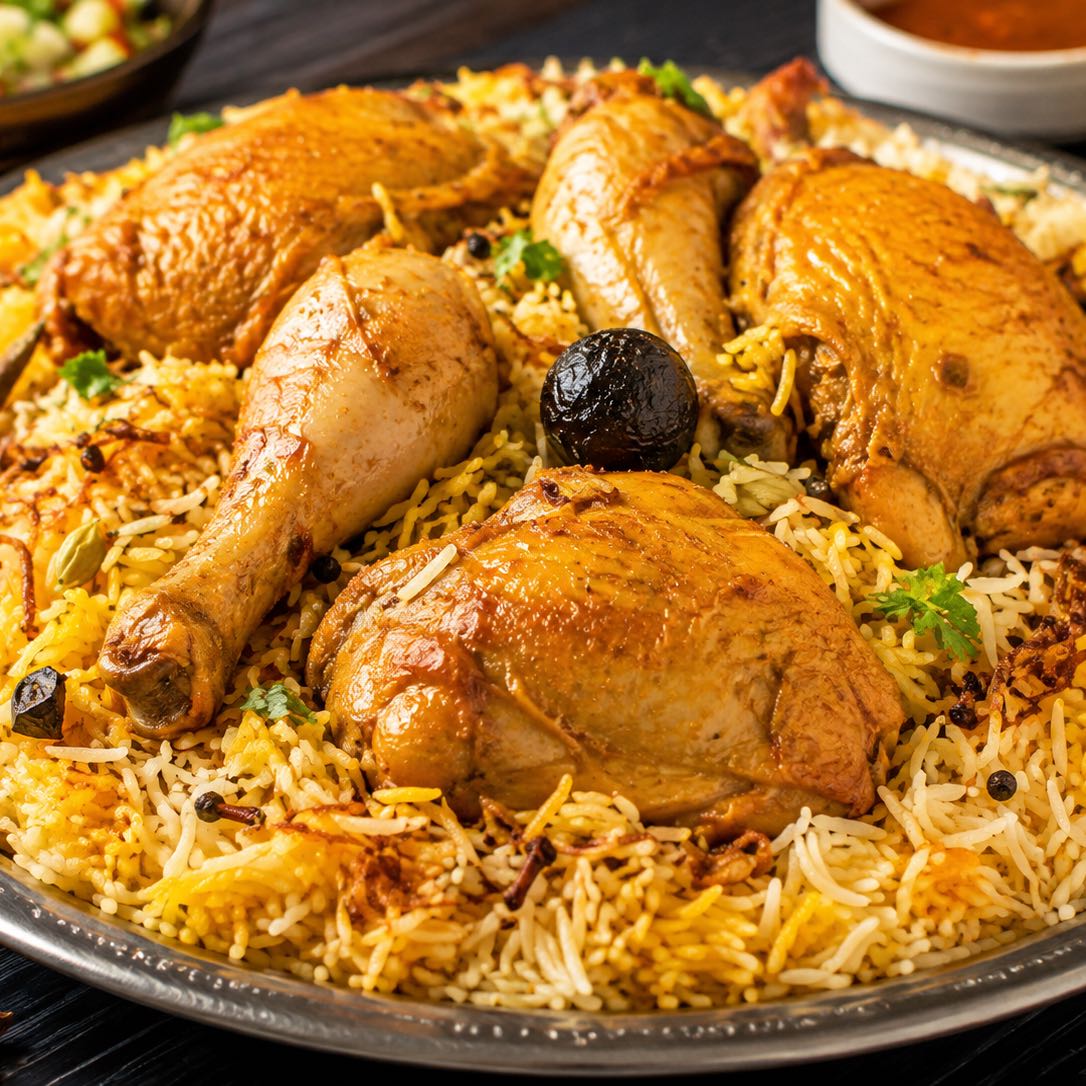 نقدم لكم كبسة دجاج شهية بطعم بيتي أصيل، مع أرز بخاري مفلفل ومتبل بأجود البهارات، محضّرة بع