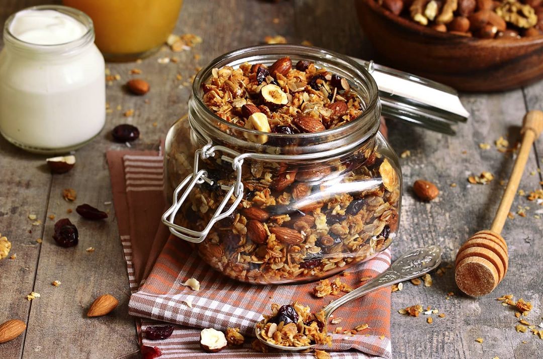 Granola with seeds, nuts and dried fruit, sweetened with honey only, no sugar no artificia