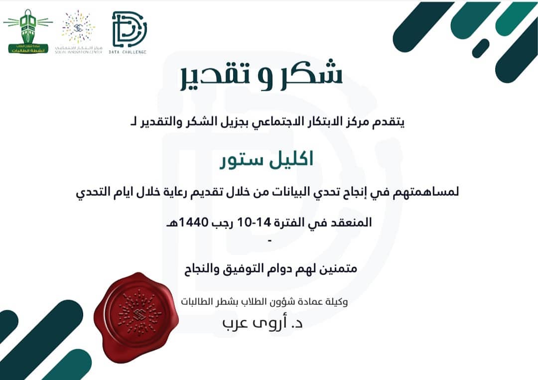 شكر وتقدير لاكليل ستور من مركز الابتكار الاجتماعي لمساهمتنا برعاية برنامج تحدي البيانات .