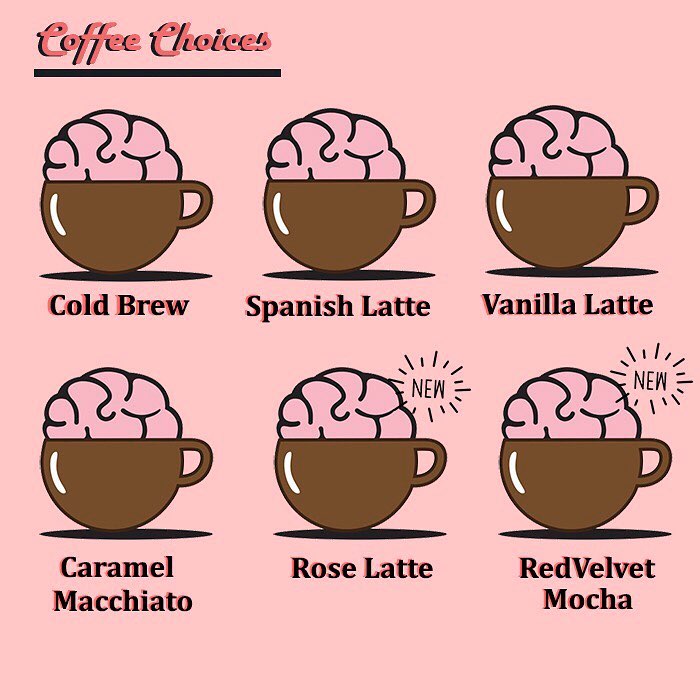 Caffeine Coffee Choices ☕️ . خيارات القهوة لدى كافيين ☕️: كولد برو - سبانيش لاتيه - فاني