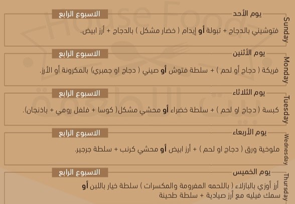 منيو الاسبوع الرابع الموافق 11/3/2018 حتى 15/3/2018