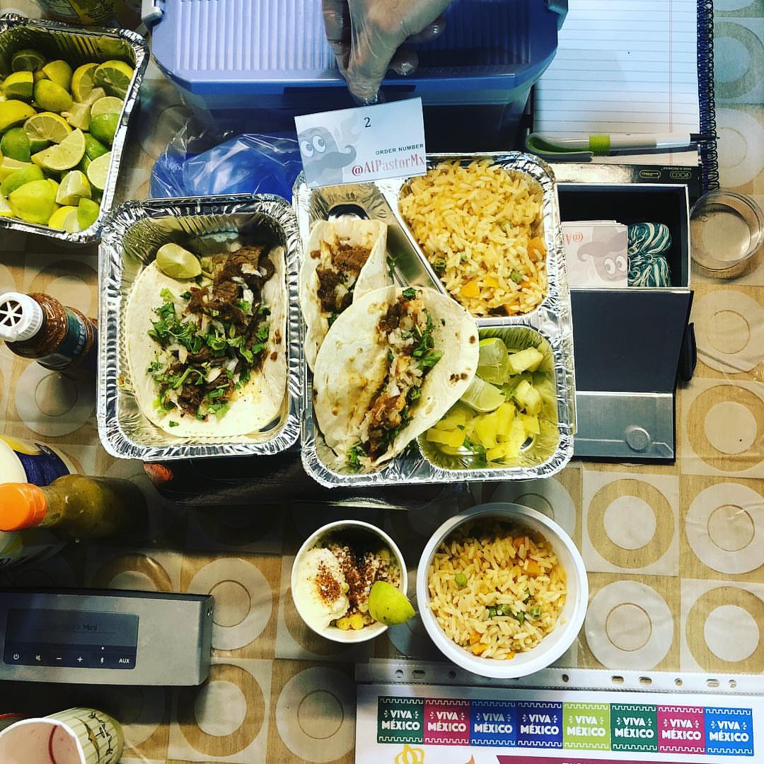 Full menu: 1. Beef Tacos al Pastor 2. Chicken Tacos al Pastor 3. Mexican Rice 4. Esquites