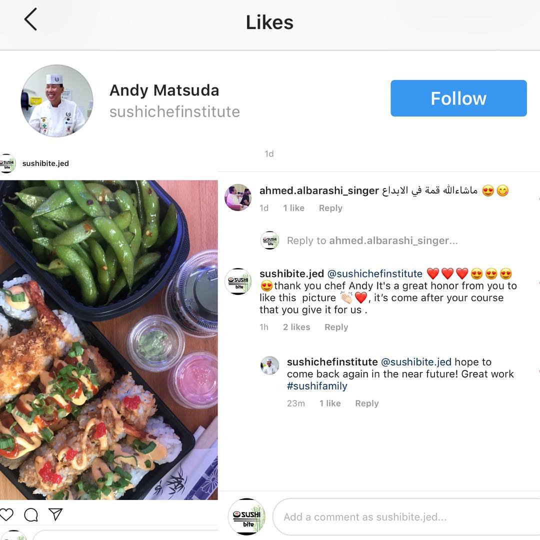 س س سعادة لمى شيف اندي رئيس طاه وماستر شيف بمعهد السوشي بولاية كاليفورنيا يحط لايك على احد
