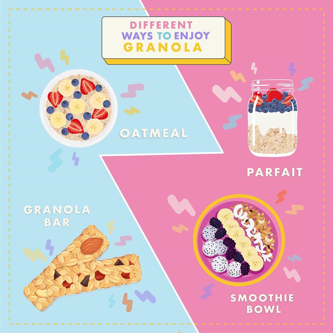 ‏Bored of bland granola Add these fun twists!⚡️ . . . . ‏#granola #healthyfood #oatmeal #
