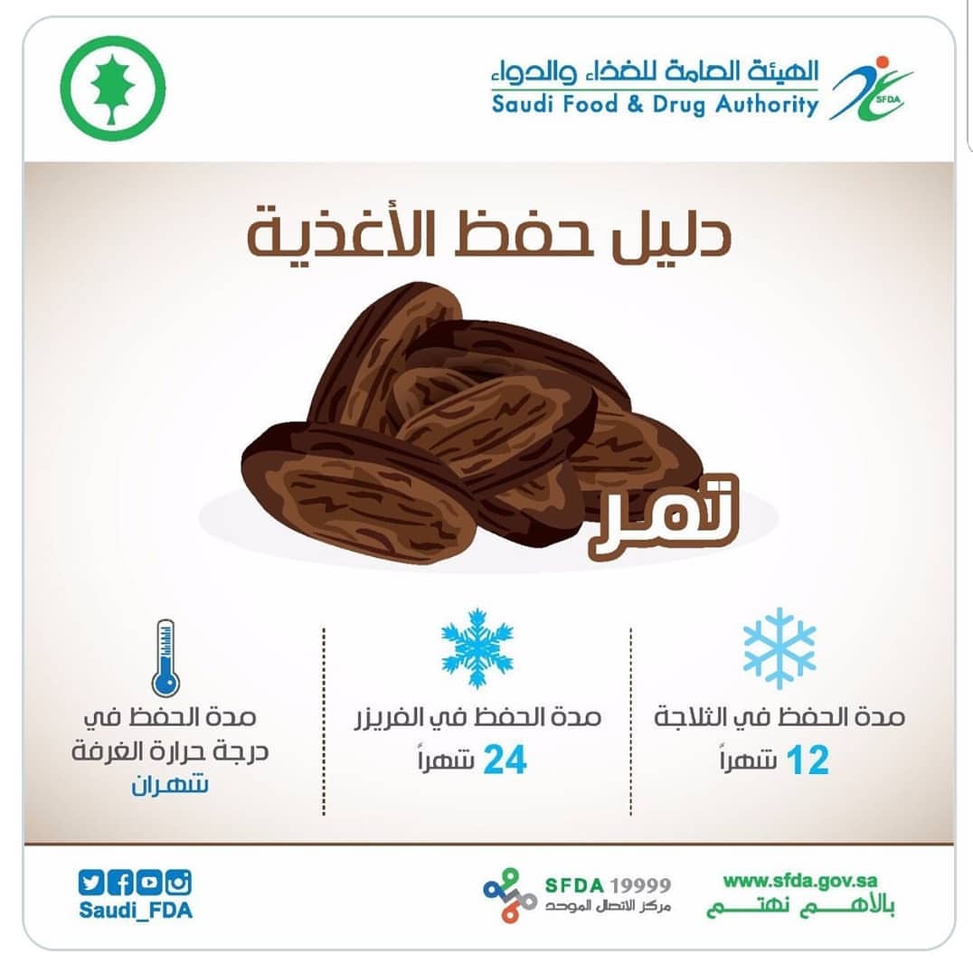 دليل حفظ التمور من الهيئة العامة للدواء و الغذاء، اتباعه يحافظ على التمور وعلى صحتكم. إلها