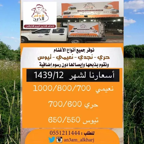 •نوفر لكم جميع انواع الذبائح وبأسعار مناسبه بالاضافة إلى خدمة الذبح والتوصيل مجانا لأهالي مدينة الخرج •الذبح يتم باشراف دكتور بيطري وعلى مستوى عالي من النظافة •جميع الذبائح تذبح عند طلب الزبون ولايوجد لدينا ذبائح مبردة •في حال وجود طعم غير جيد في لحم الذبيحة نستبدلها لك بأخرى •يتم تغليف الذبائح حسب طلب الزبون لطلب تويتر انستغرام