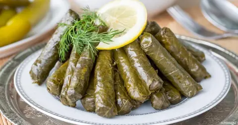 ورق عنب محشي بخضراوات او ارز و لحم بتتبيلة باردة او حارة مع دبس الرمان